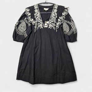Elan Embroidered Swim Cover-Up Mini Dress Black White M Boho Resortwear‎ NWT